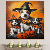 Jack Russell Dog Halloween Canvas Wall Art with Pumpkins and Witch Hats Rustic Fall Farmhouse Decor on Ready to Hang 1.5" Thick Canvas Wrap, Floating Framed Canvas, Flat Rolled Canvas